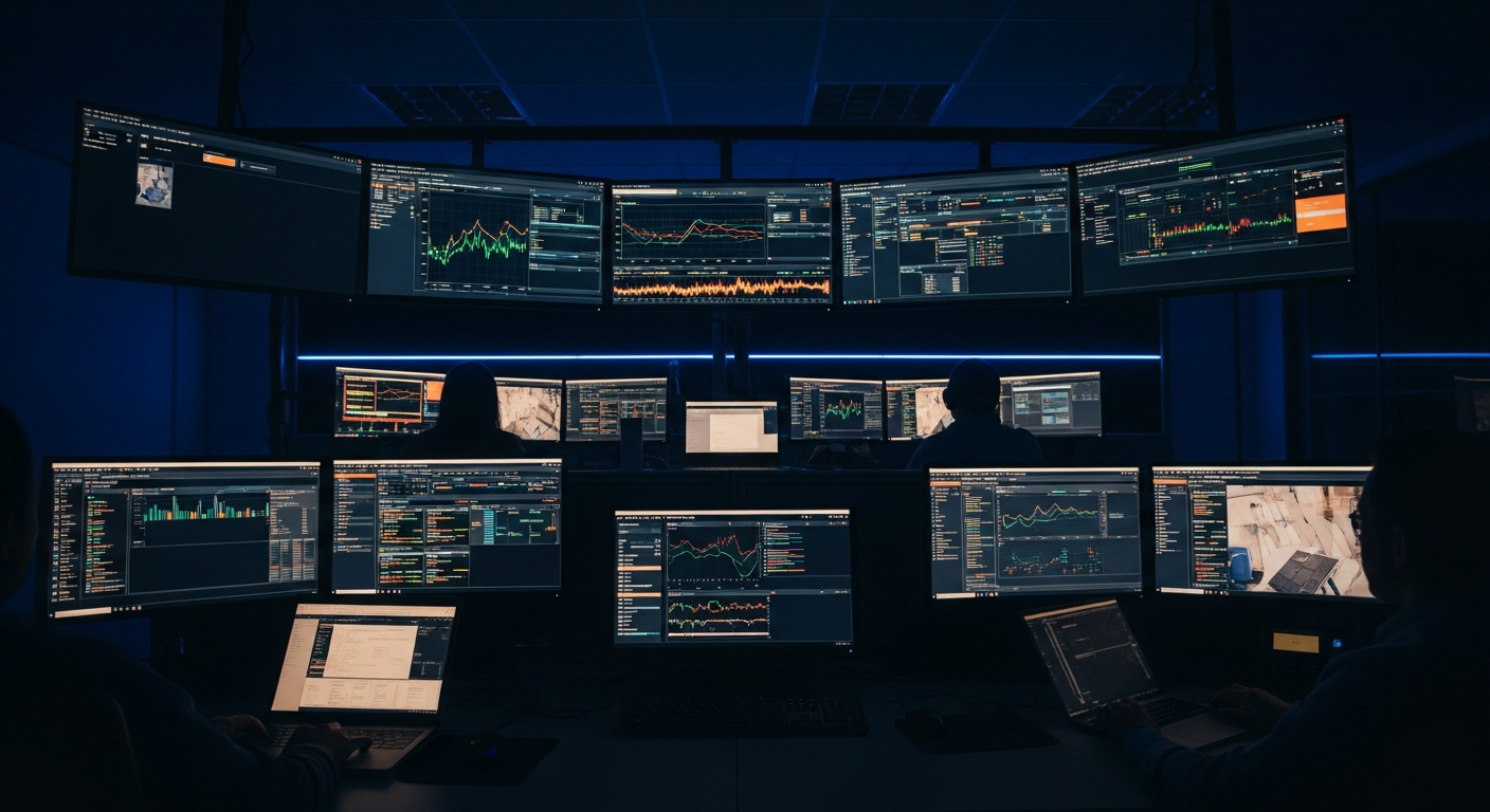 monitoring your environment — Wide shot of a darkened network operations center with multiple monitor screens displaying graphs, dashboards, and real-time data streams, captured from a low angle to convey vigilance and 24/7 surveillance of infrastructure.