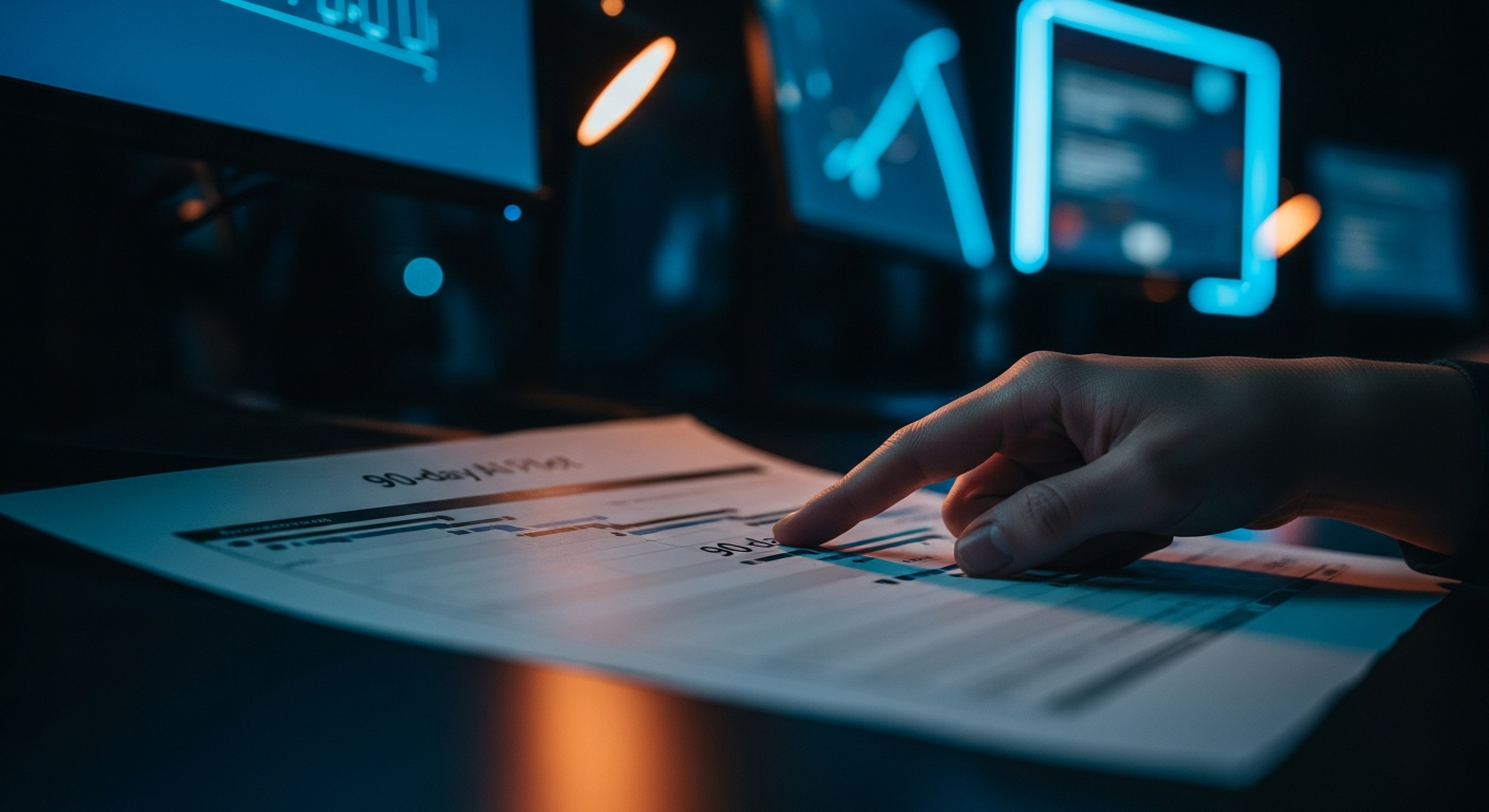 90-day AI pilot - Close-up of a project timeline or Gantt chart printout with a hand pointing to the 90-day milestone marker, emphasizing structured planning and measurable checkpoints.