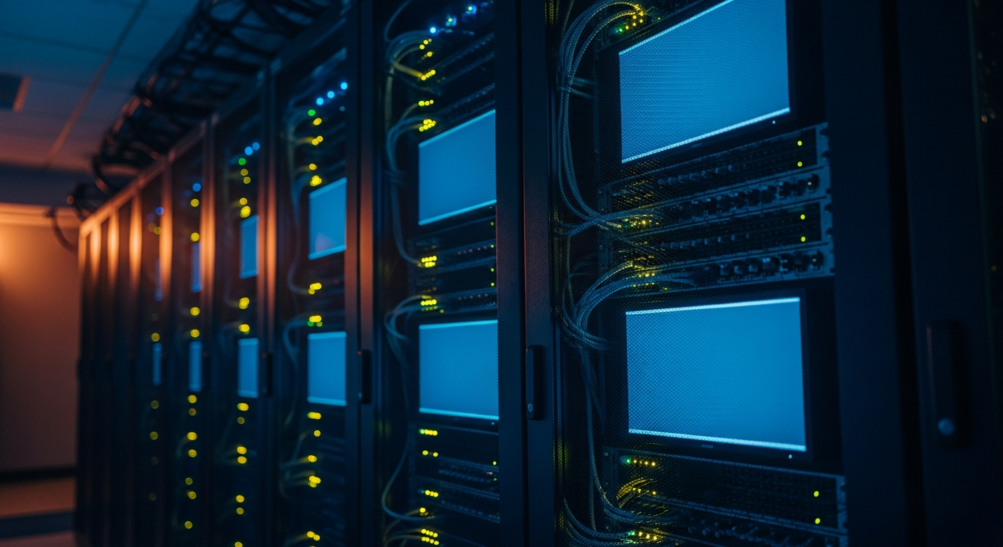 AI agents explained — Wide shot of multiple computer server racks with illuminated status lights and cables in a server room, photographed from a low angle to convey the technical infrastructure and complexity often oversold in vendor marketing claims.