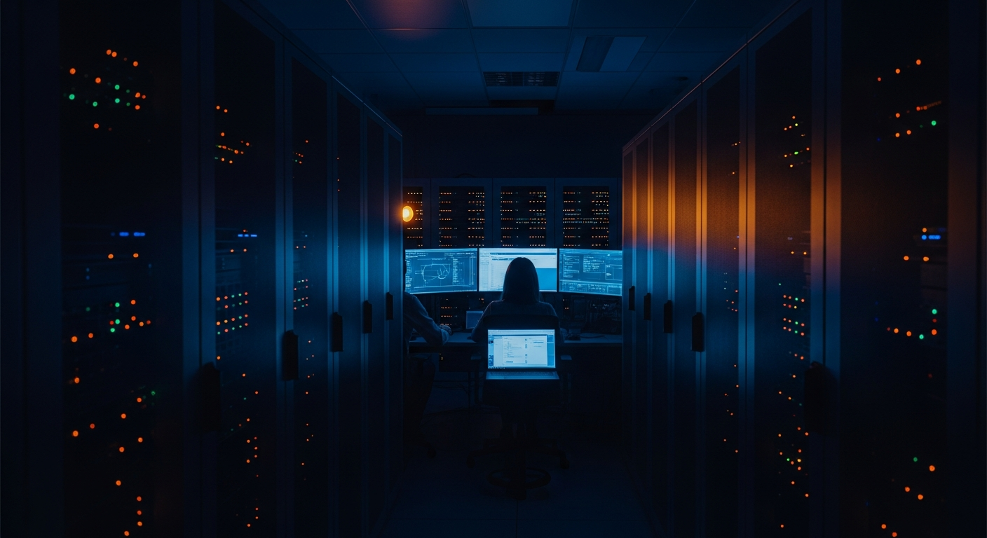 AI data leakage risk - Wide shot of a server room with rows of server racks and blinking lights, representing the uncontrolled external systems where employee data ends up after being shared with public AI platforms.