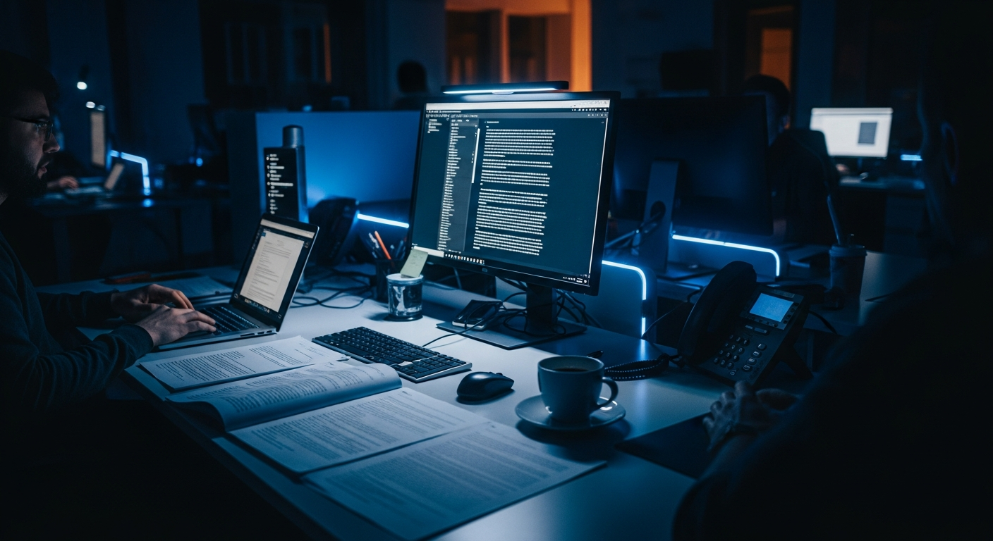 AI-generated first drafts - Wide shot of a modern office desk with multiple open documents, a cup of coffee, and a computer monitor displaying text, capturing the workspace where AI drafts are reviewed and improved.