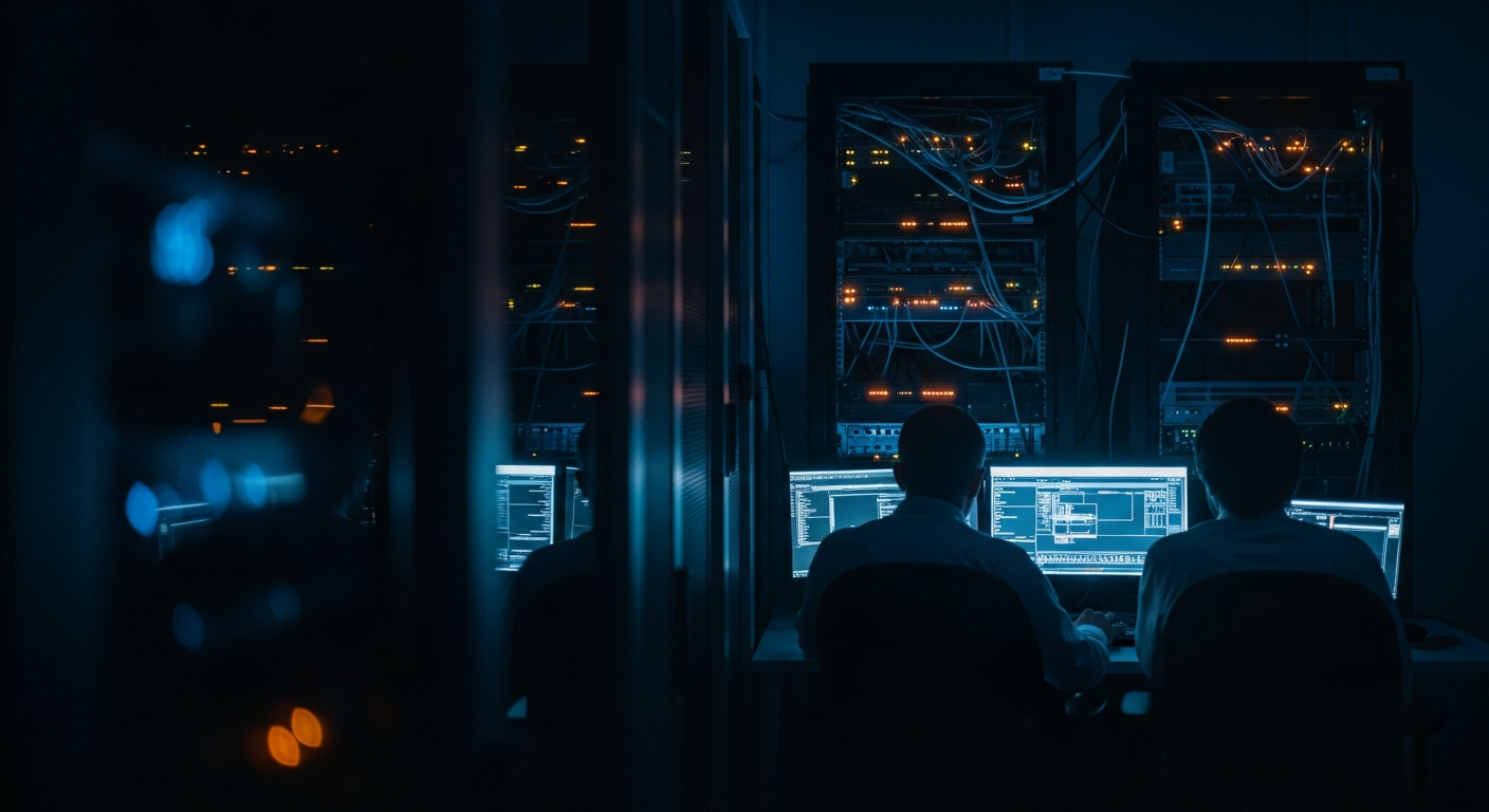 AI-generated phishing emails — Wide shot of a server room or network infrastructure with glowing indicator lights and cables, emphasizing the technical detection systems running in the background rather than human judgment.
