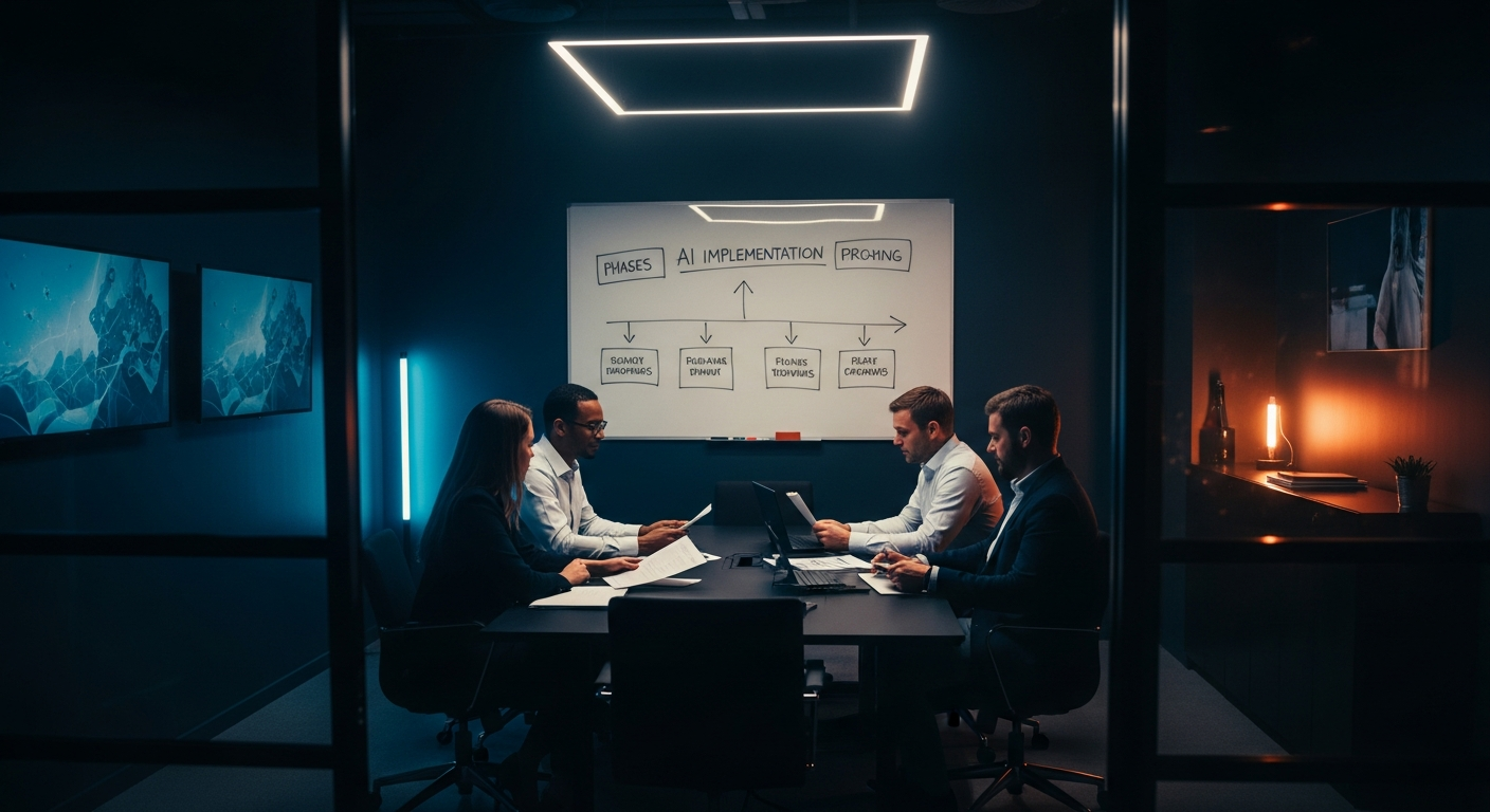 AI implementation timeline — Wide shot of a small office conference room with three professionals seated around a table reviewing documents and a whiteboard with sketched phases and timeline arrows on the wall behind them.