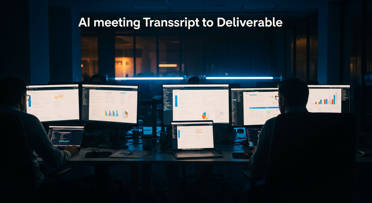 AI meeting transcript to deliverable — Wide shot of a modern office workspace with multiple monitors displaying structured documents and charts, showing the organized deliverable output stage of the process in a professional setting.
