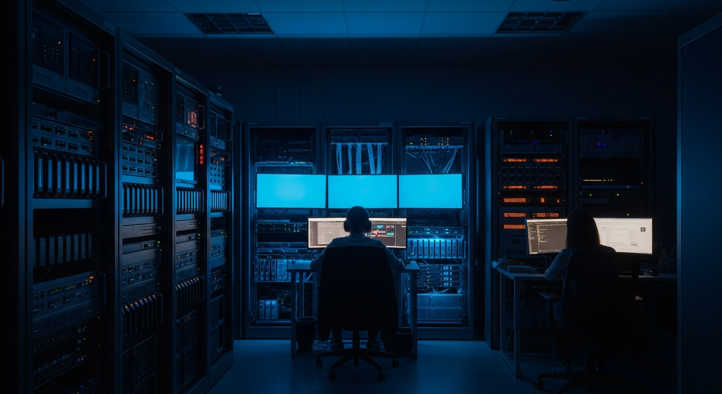 backup and recovery questions — Wide shot of a server room or data center with multiple backup storage units and redundant systems arranged on shelves, showing the physical infrastructure of tested, air-gapped recovery systems.