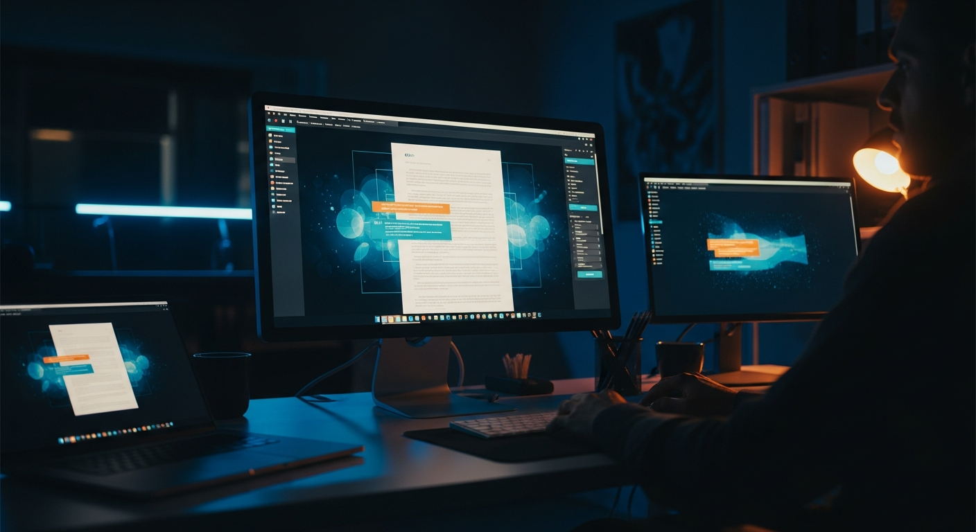 AI-assisted contract review workflow — Wide shot of a computer monitor displaying a document interface with abstract data visualization or highlighted text sections in the background, set against a clean desk with minimal objects, emphasizing the digital workflow and screen-based analysis.