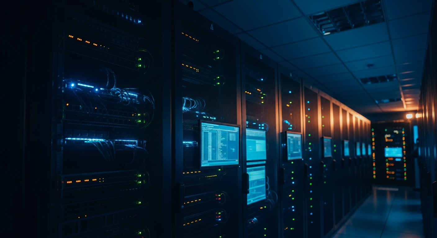 business email compromise — Wide shot of a server room with rows of server racks and blinking lights, photographed at an angle to convey the backend infrastructure where compromised accounts and data theft originate.