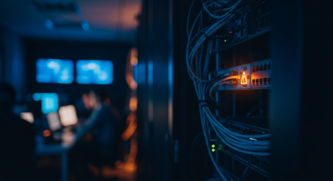 Change Healthcare breach fallout - Wide shot of a server room or network infrastructure with visible cables and equipment, slightly out of focus with a single glowing alert light or warning indicator in sharp focus, conveying silent system compromise.