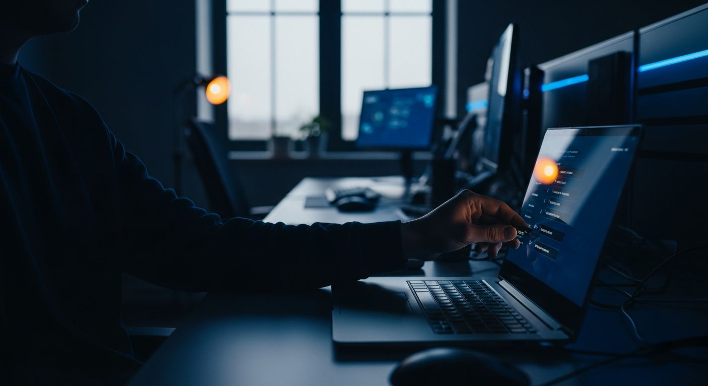 cloud data breaches - Wide-angle view of a person's hand entering credentials into a laptop screen in an office setting, with a blurred window and desk workspace, capturing the human element of credential-based access.