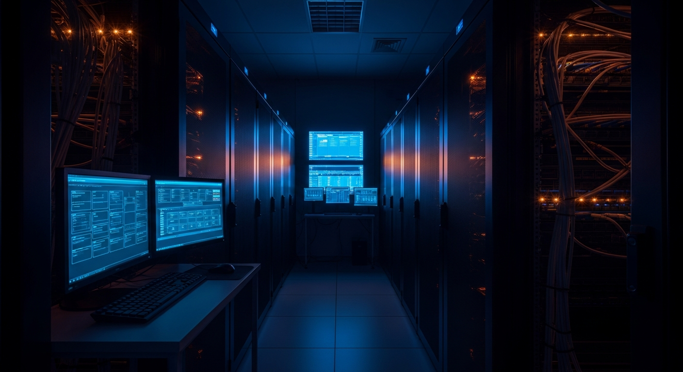 cloud storage exfiltration - Wide-angle view of a server room with rows of illuminated server racks and cable infrastructure, representing the backend systems where stolen data is exfiltrated.