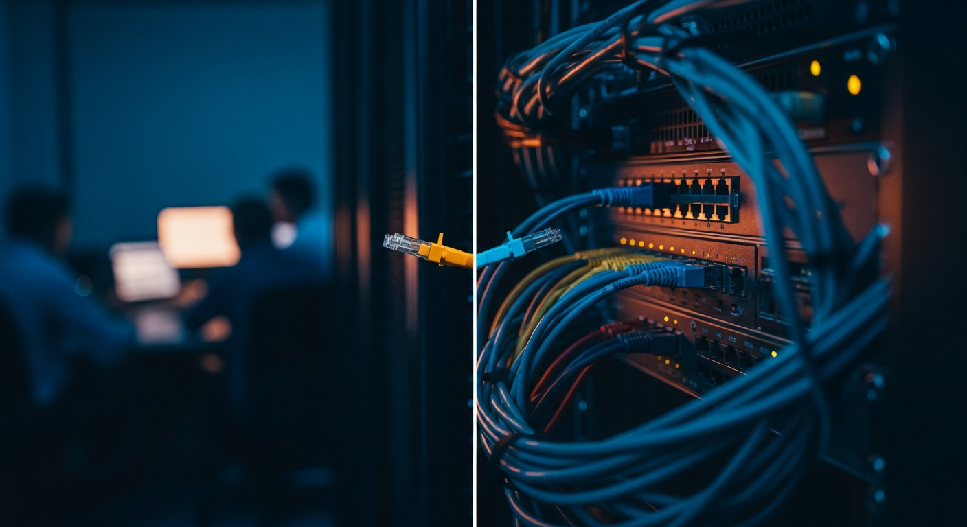 co-managed IT — Close-up of interconnected cables and network equipment in a server rack with two different colored patch cords highlighted, visually representing the split responsibility and connection points between internal and external IT teams.