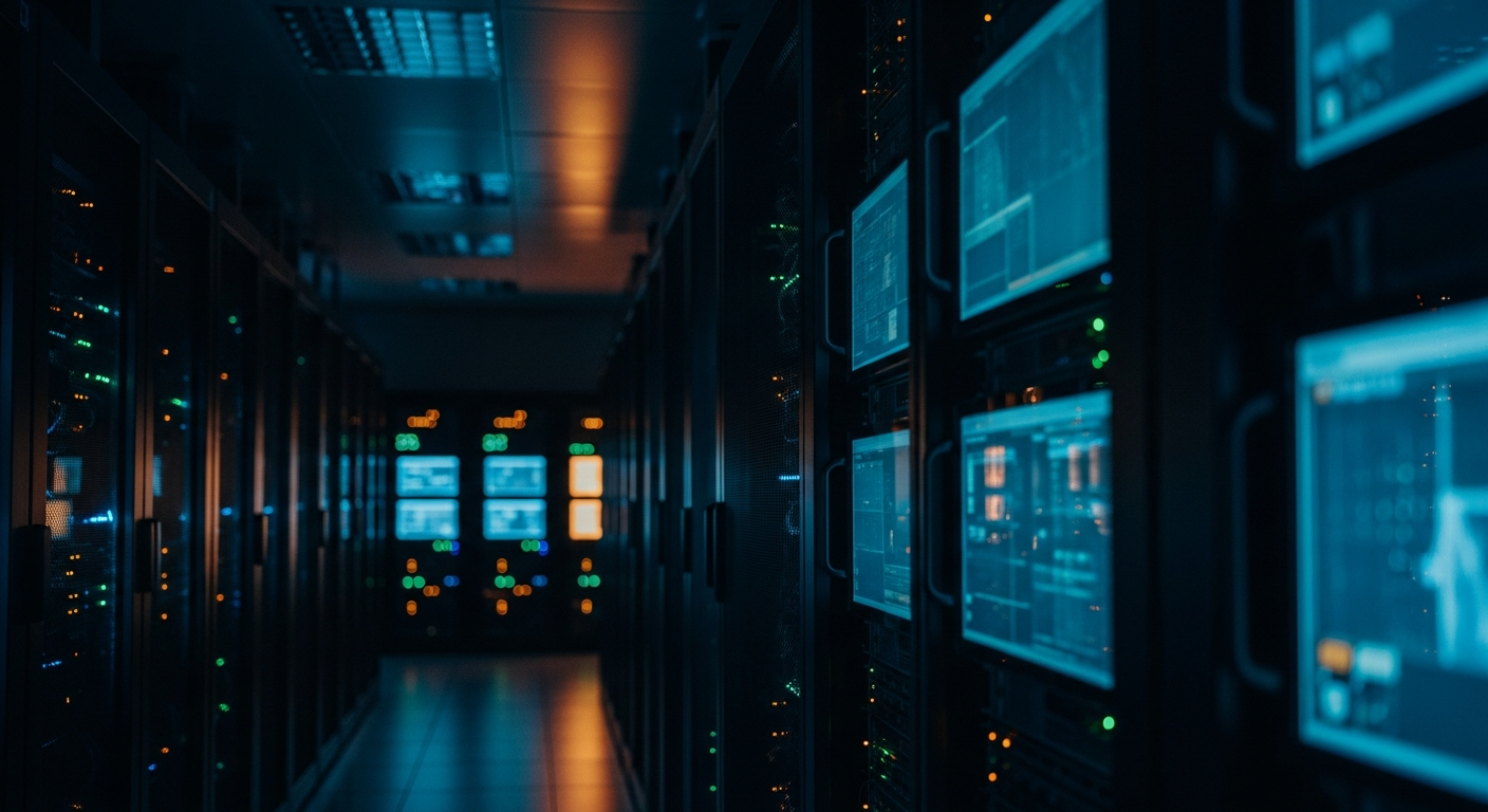conditional access misconfigurations - Wide shot of a server room or data center with rows of equipment and blinking lights, photographed at an angled perspective to convey scale and complexity.