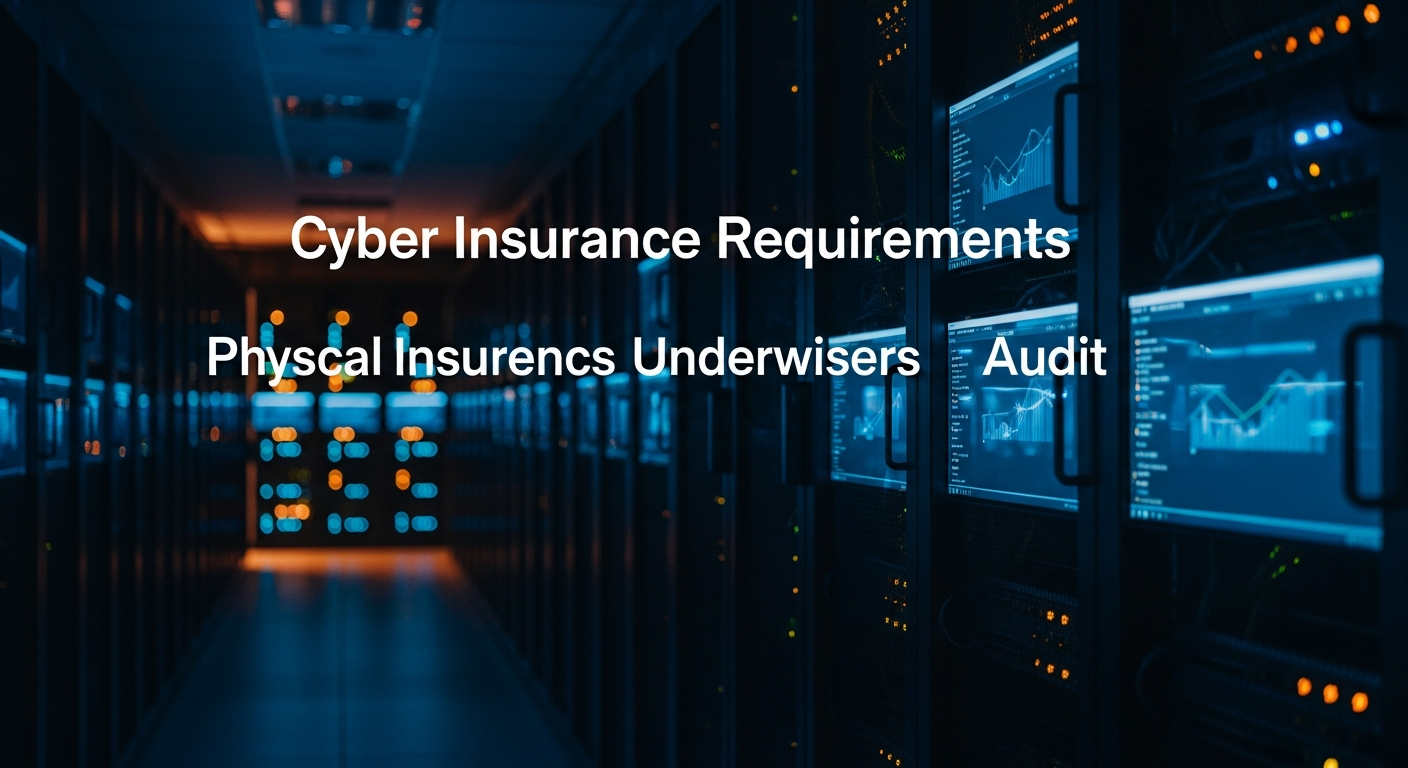 cyber insurance requirements - Wide shot of a server room or data center with rows of equipment and blinking status lights, emphasizing the physical infrastructure that underwriters audit.