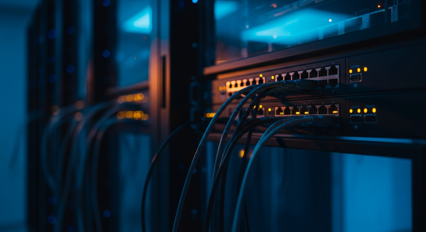 dormant credentials - Wide shot of a server room with multiple blinking status lights and cable connections, some ports dark and inactive, symbolizing dormant systems and lingering backend access.