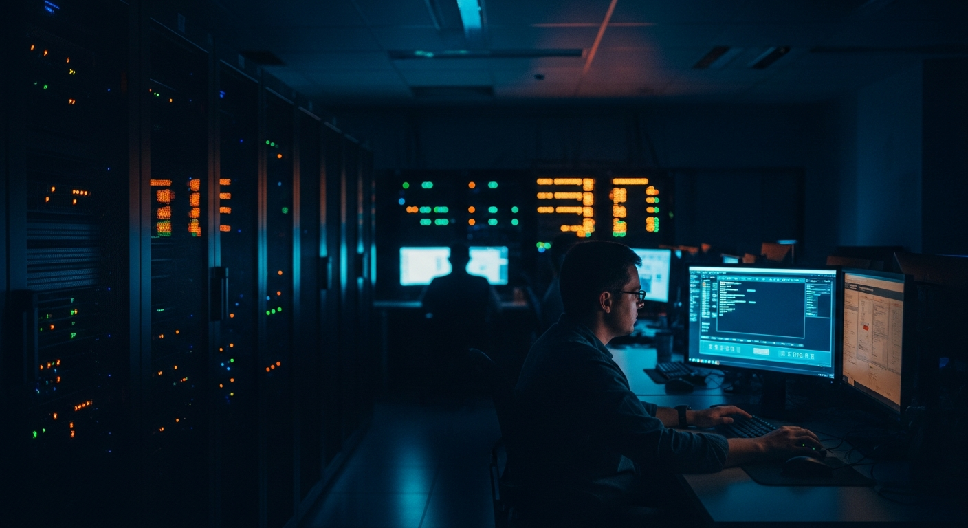 email forwarding rules - Wide shot of a server room or data center with rows of equipment and blinking indicator lights, conveying the backend infrastructure where email rules persist invisibly even after credential resets.