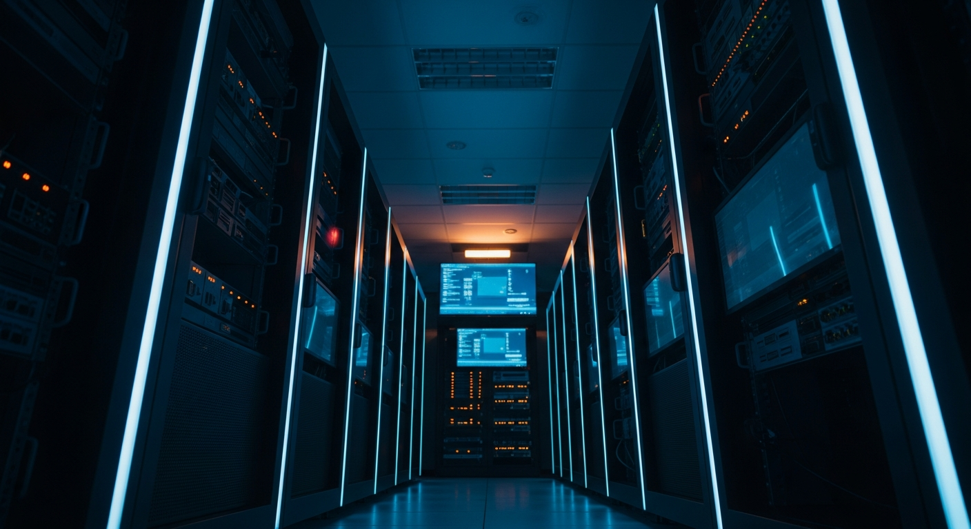helpdesk impersonation attacks - Wide shot of a server room interior with rows of equipment and blinking lights, photographed from a low angle to convey the high-value target that attackers aim to access through social engineering rather than technical exploits.