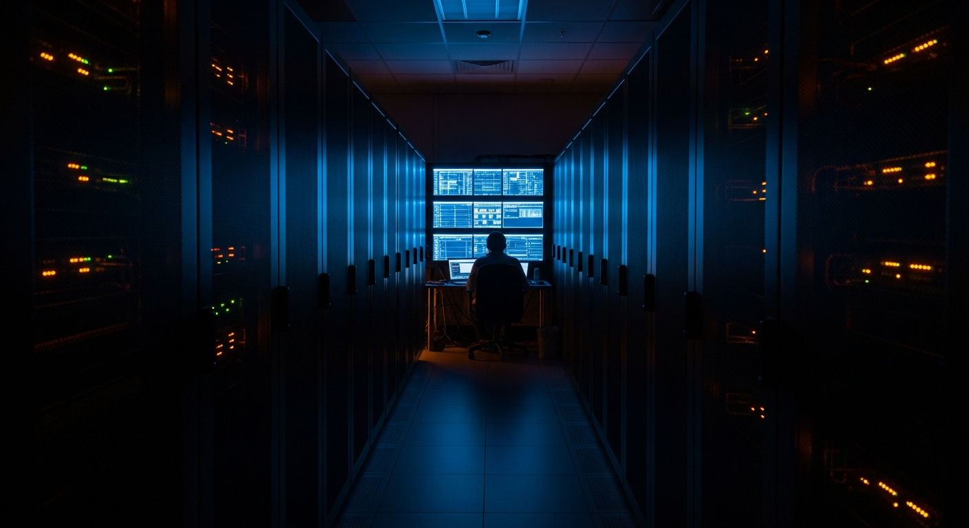 incident response process - Wide shot of a server room or data center with multiple racks and blinking indicator lights, conveying the physical infrastructure and systems at stake during a real incident response scenario.