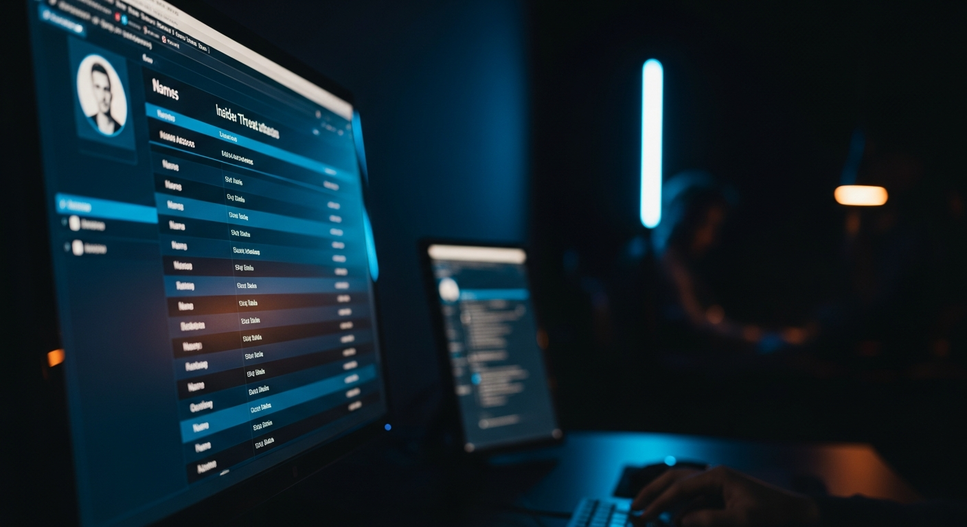 insider threat attacks — Wide shot of a computer monitor displaying user data records (names, addresses, partial account information) with a second device or phone visible in soft focus nearby, illustrating data exfiltration through legitimate system access.
