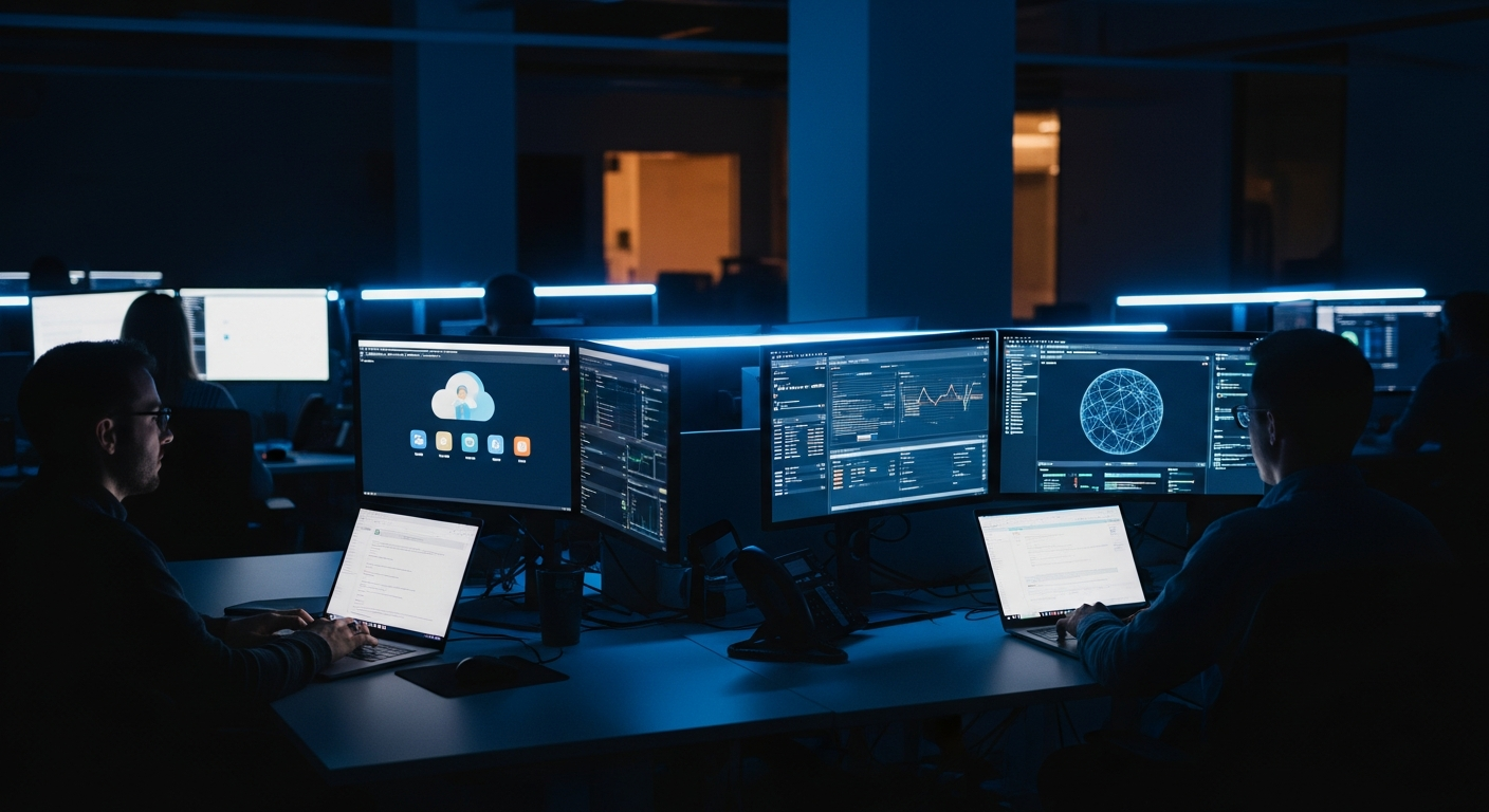 IT monitoring claims — Wide shot of an office workspace with multiple screens displaying different applications (email, cloud apps, network dashboards), each showing different data streams to represent the disconnected visibility gaps across identity, cloud, and network layers.