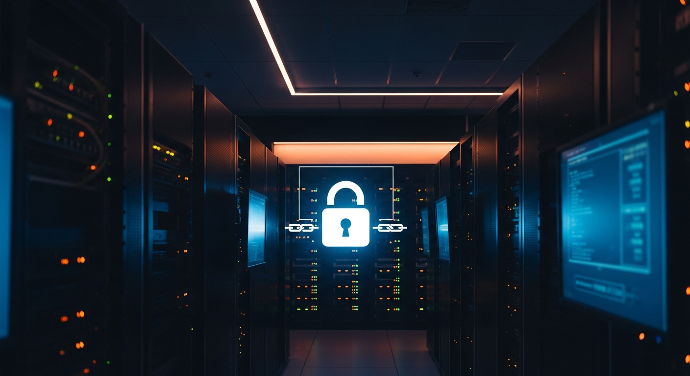 IT services agreement — Wide shot of a server room with rows of equipment and blinking lights, with a padlock icon or chain visually overlaid in composition, representing data custody and access control concerns.