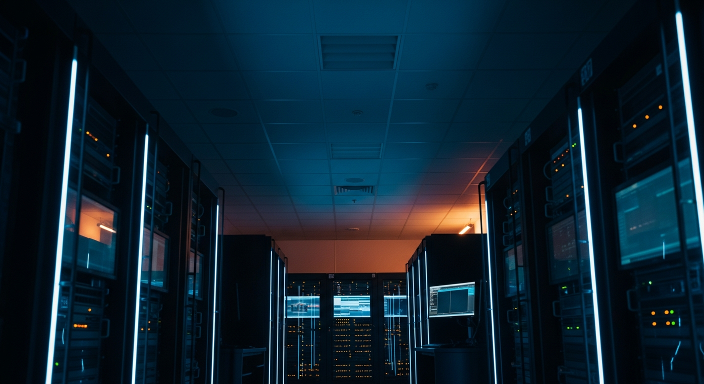 IT services contract liability - Wide shot of a server room with rows of equipment and blinking lights, photographed from a low angle to emphasize scale and the critical infrastructure at stake in liability disputes.