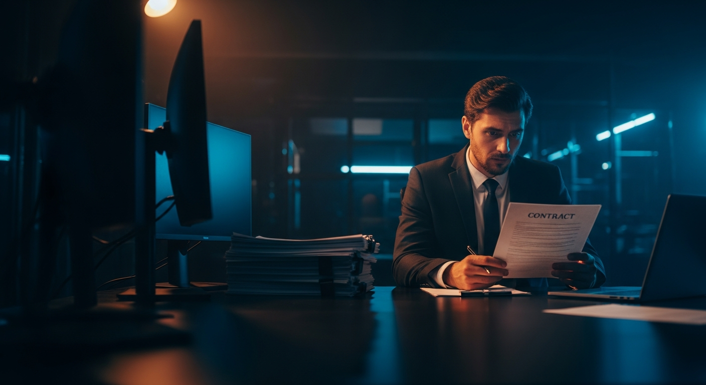 IT vendor contract language — Wide shot of a professional in business attire sitting at a desk reviewing documents with a concerned expression, with stacks of contracts and a laptop visible in soft focus.