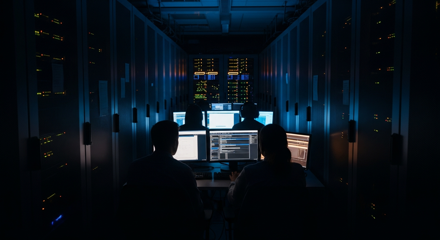 Legal Aid Agency data breach — Wide shot of a server room or data center corridor with rows of server racks receding into depth, some indicator lights dimmed or offline, conveying the technical infrastructure breach and the scale of systems that failed to protect data.