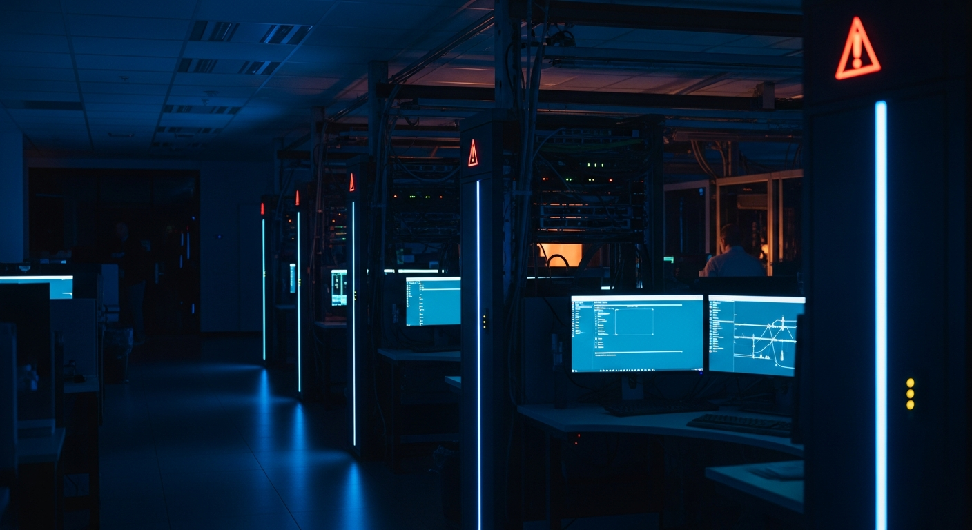 Microsoft 365 tenant misconfigurations - Wide shot of a server room or data center with rows of equipment and ambient blue/red warning lighting, conveying the scale and complexity of cloud infrastructure that requires proper configuration oversight.