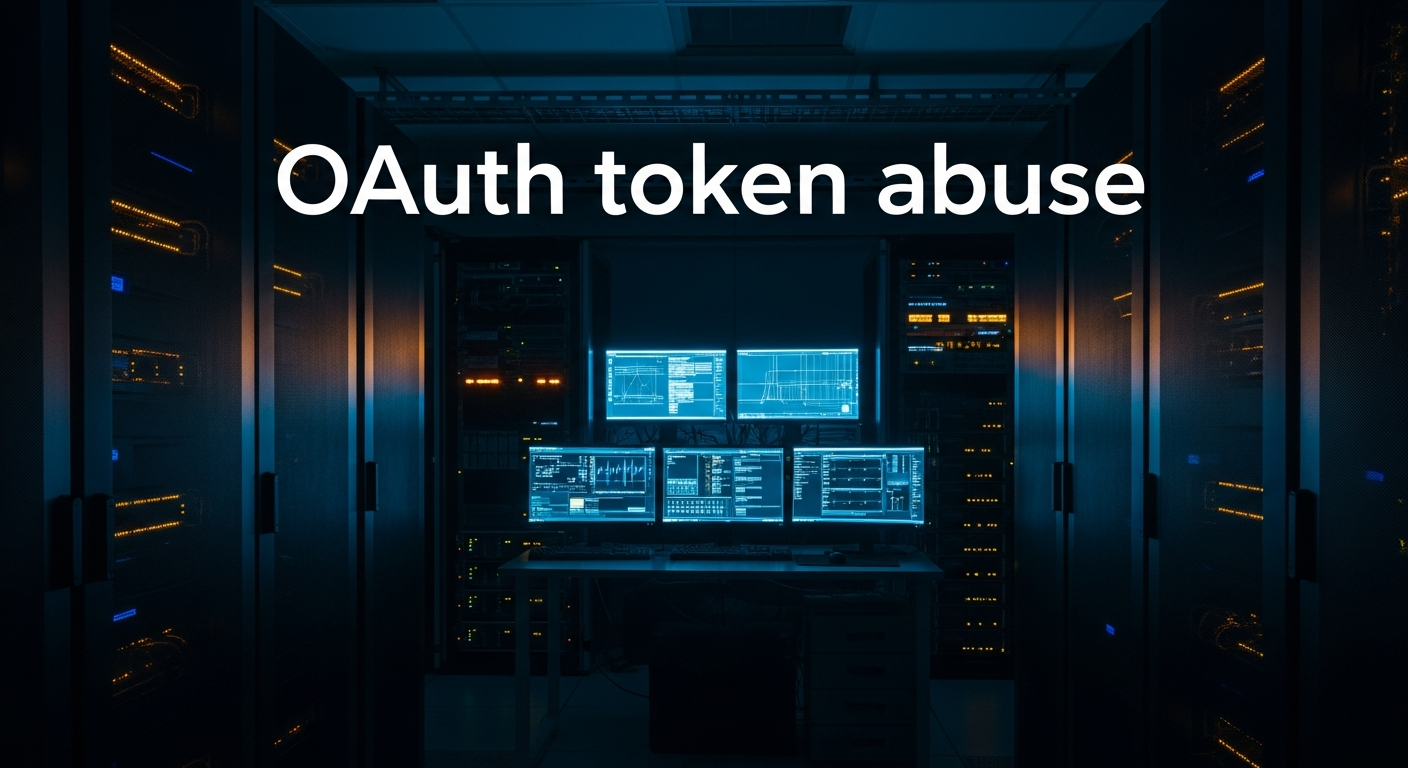 OAuth token abuse - Wide shot of a server room with illuminated server racks and networking equipment, emphasizing the backend infrastructure where OAuth tokens are stored and validated.