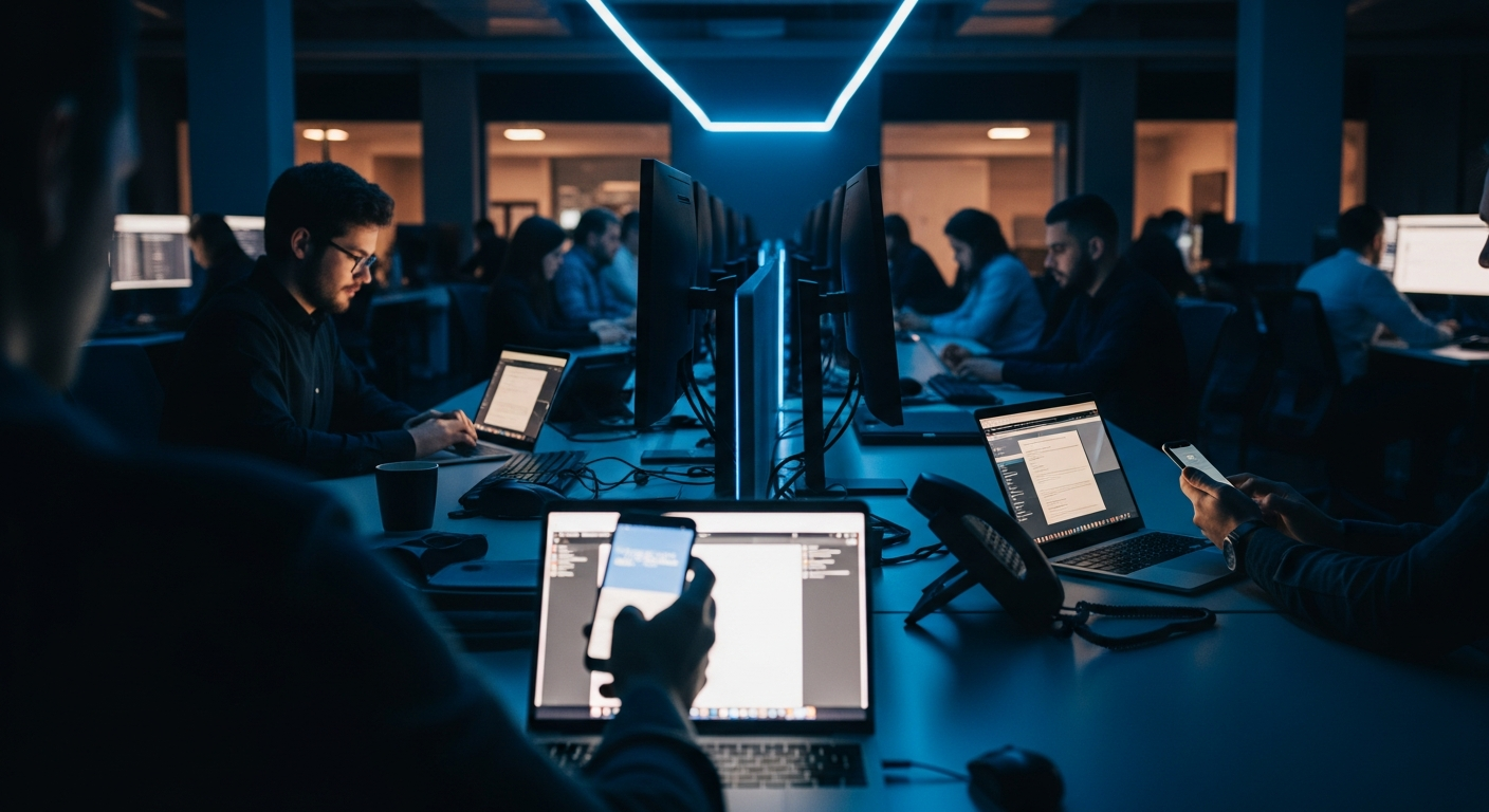 personal device data exposure - Wide shot of a corporate office workspace with multiple employees at desks using laptops and phones simultaneously, shot from a low angle to show the devices and their screens, illustrating the pervasive BYOD environment without focusing on individual faces.