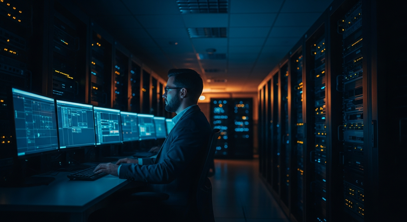 SEC cybersecurity disclosure rules — Wide shot of a dimly-lit server room with rows of equipment and blinking lights, showing the physical infrastructure where breach detection and log analysis must happen within compressed timelines.