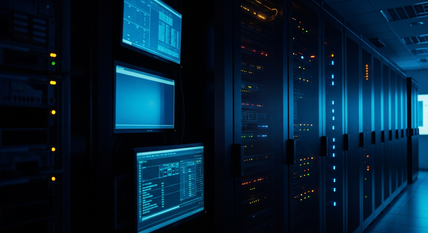 stolen Active Directory data - Wide shot of a dimly lit server room with multiple rack-mounted servers and blinking status lights, photographed at an angled perspective to convey the scale of networked infrastructure and the central role of Active Directory within enterprise environments.