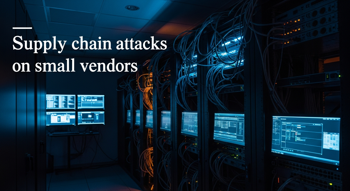 supply chain attacks on small vendors - Wide shot of server room equipment with network cables and infrastructure, representing the enterprise-grade security controls that small vendors are now expected to demonstrate and maintain.