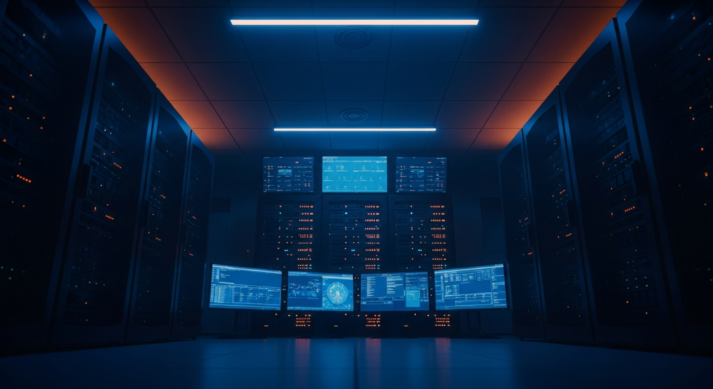 third-party data extortion - Wide shot of a server room with multiple racks of servers and blinking indicator lights, photographed from a low angle to emphasize the scale and centralization of a platform where thousands of organizations' data converge.