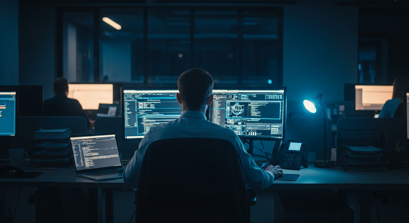 social engineering attacks — Wide shot of a help desk agent at their computer workstation in an office environment, captured from behind showing their screen and workspace, conveying the human vulnerability point in the attack chain.
