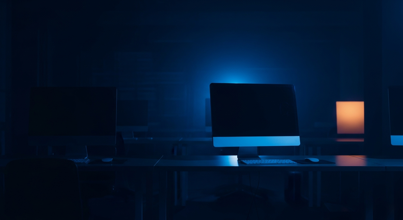 small business AI projects fail - Wide shot of a single computer monitor in an otherwise empty desk workspace, bathed in cool blue light, suggesting an abandoned or unused tool.