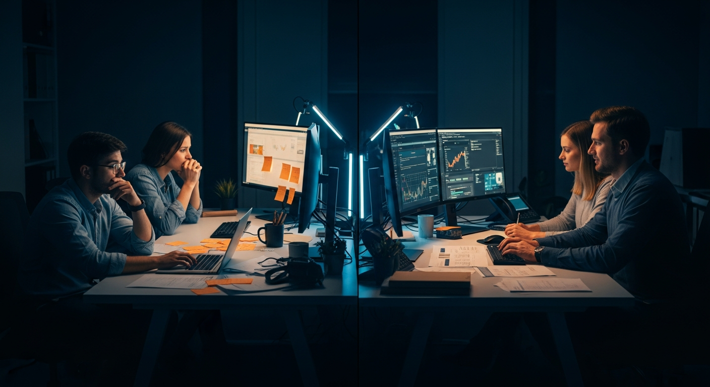 AI prompt discipline — Wide shot of a split-screen concept: one side showing a messy desk with scattered notes and frustrated body language, the other side showing an organized workspace with clear documentation and focused screen work, emphasizing the operational gap.