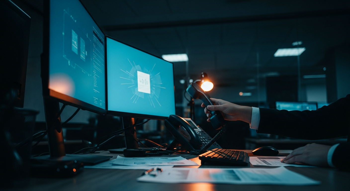 AI voice cloning fraud — Wide shot of a corporate office desk with a computer monitor, documents, and a telephone handset, photographed from a low angle to show the employee's hand reaching toward the phone in a moment of decision or verification.