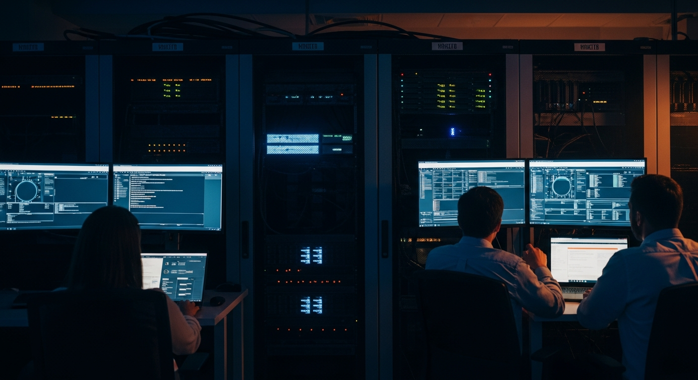 backup and recovery testing — Wide shot of server room racks with status indicator lights and monitoring displays, showing the physical infrastructure where restore tests would actually be performed and validated.