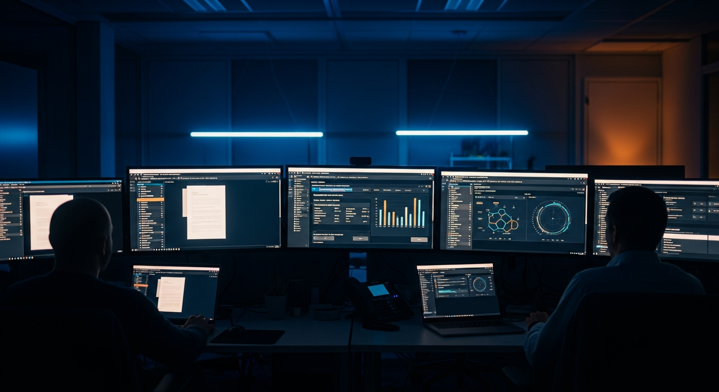 AI-assisted contract review workflow — Wide shot of a modern office workspace with multiple monitors displaying document management interfaces and data visualization dashboards, emphasizing secure digital workflow infrastructure.