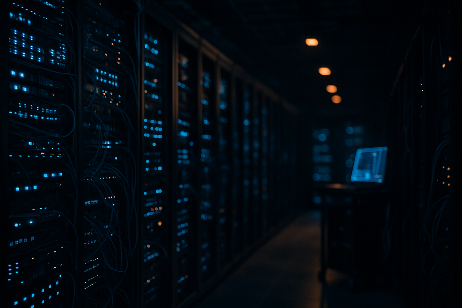 credential stuffing — Wide-angle view of a server room with rows of lit server racks and network cables, emphasizing the cloud infrastructure that stores business data being targeted by automated attacks.
