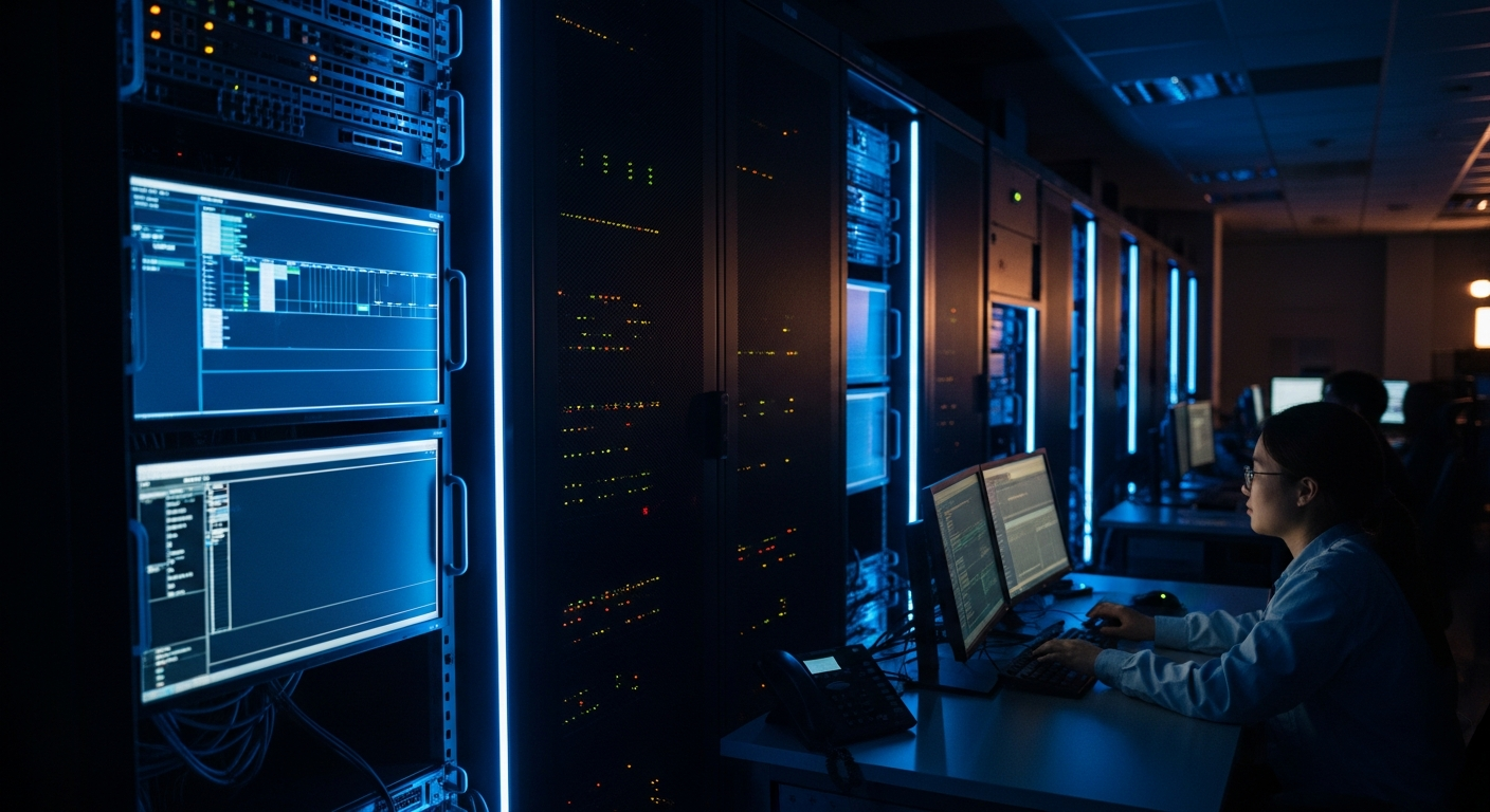 DPRK IT worker fraud - Wide shot of a server room or network infrastructure with rows of equipment and blinking lights, photographed at an angled perspective to convey the high-stakes backend systems that could be compromised through contractor infiltration.