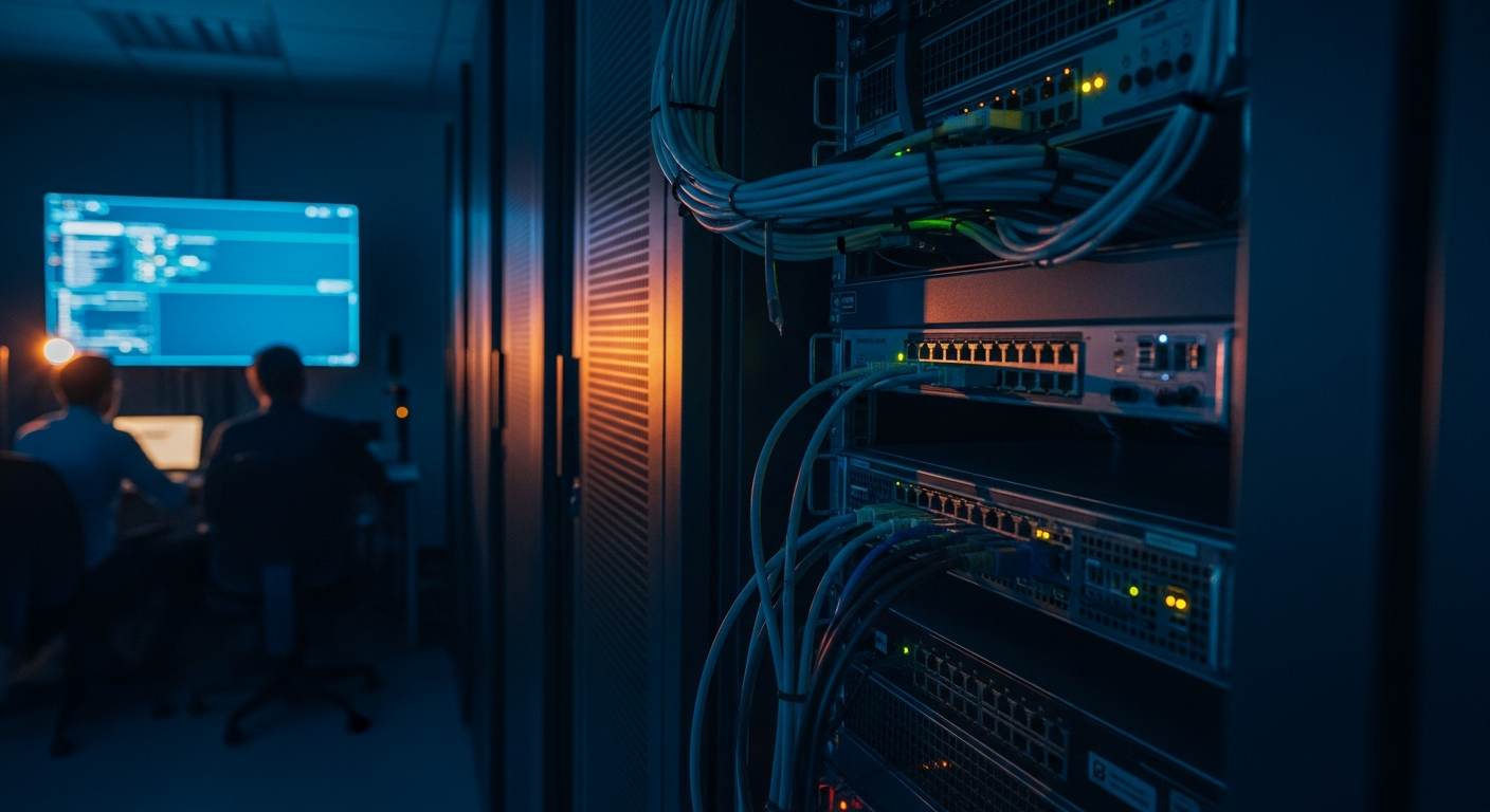 file-transfer software vulnerabilities — Wide shot of server room equipment with network cables and blinking status lights, photographed at an angled perspective to emphasize the equipment's exposure and connectivity, with shallow depth of field blurring the background.
