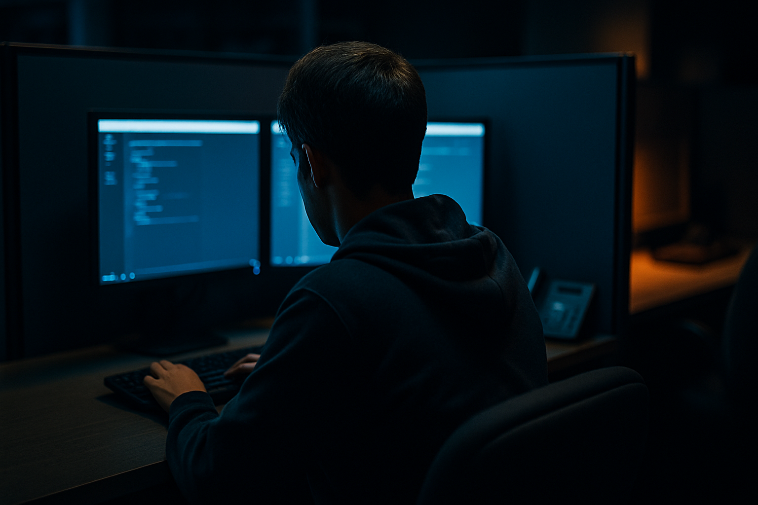helpdesk impersonation attacks - Wide shot of a junior helpdesk worker at a computer terminal in a modest office cubicle, viewed from behind, showing the vulnerable human point in the security chain.