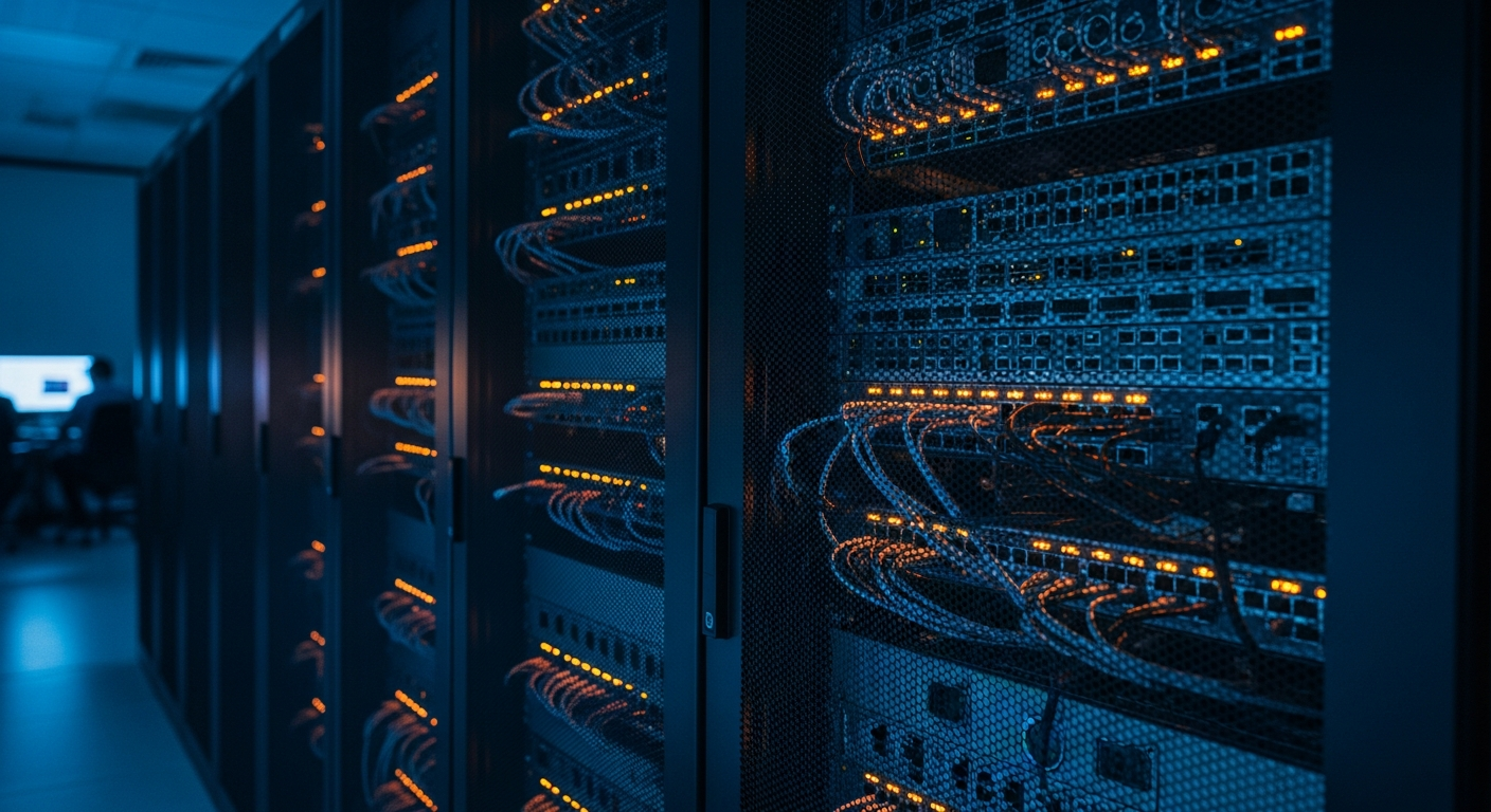 insider threats — Wide shot of a server room or network equipment rack with illuminated ports and cables, photographed at an angle to show the scale of infrastructure that insider access could compromise, with no people visible.