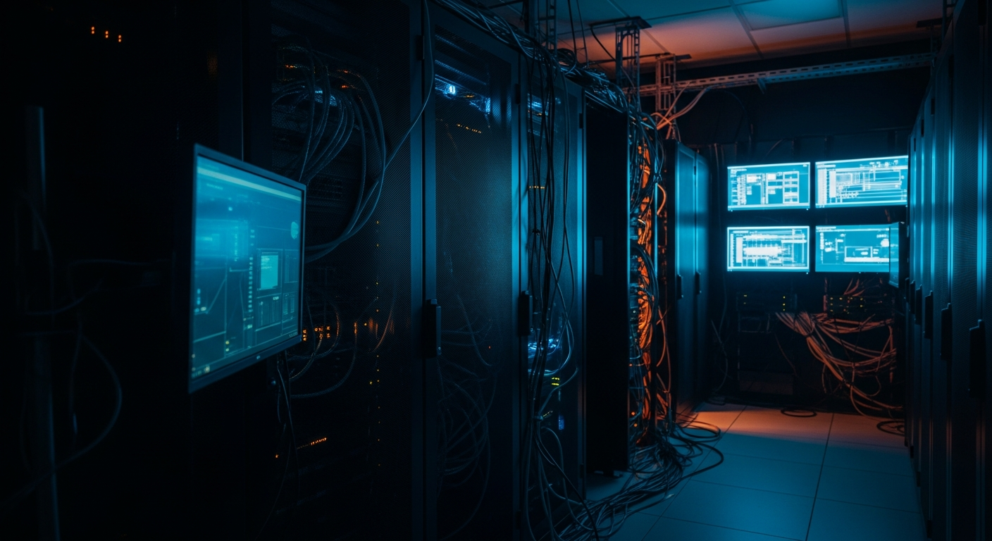IT services agreement subcontractor disclosure - Wide shot of a server room or data center with multiple equipment racks and cables, emphasizing the hidden infrastructure and third-party systems beyond direct visibility or control.