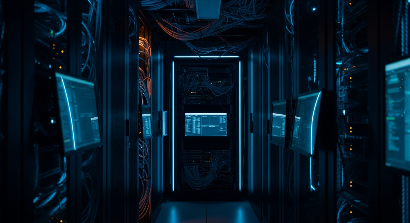 private AI knowledge base — Wide shot of a server room or data center with illuminated equipment and cable infrastructure, emphasizing contained, controlled infrastructure rather than external cloud connectivity.