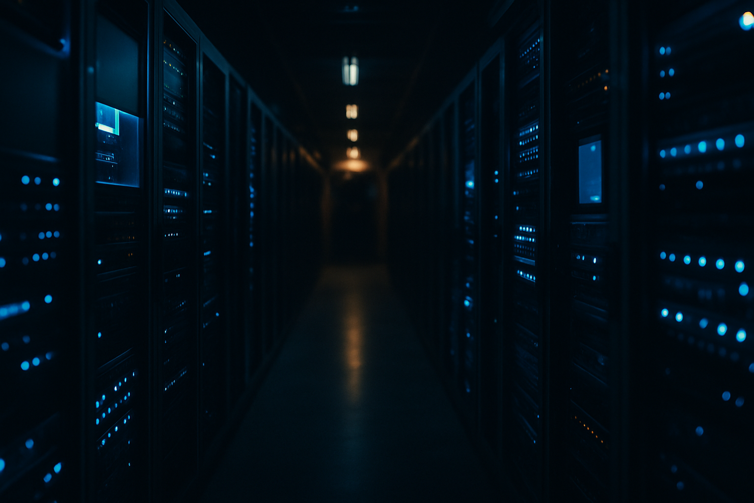 third-party data extortion - Wide shot of a server room corridor with multiple server racks receding into dim lighting, emphasizing the centralized platform architecture that attackers target as a single breach point affecting thousands of downstream organizations.