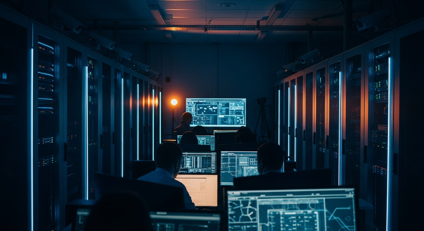 IT vendor cyber insurance — Wide shot of a server room or data center with glowing equipment racks and security cameras mounted on the walls, emphasizing the high-value infrastructure that IT vendors control.